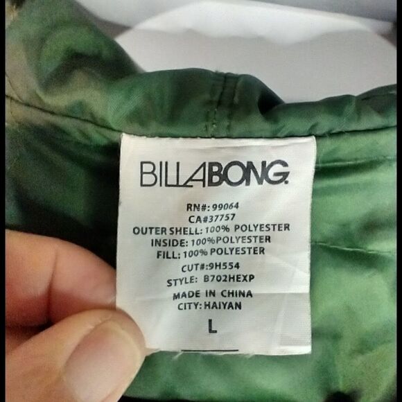 Billabong Youth Large Hooded Insulated Green Puffer Jacket Full Zip - Picture 6 of 10